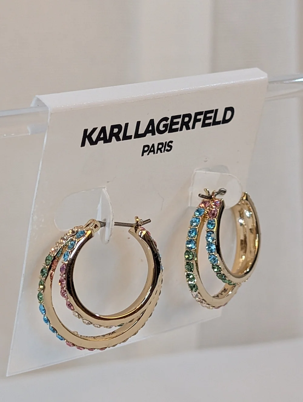 Karl Lagerfeld Gold Hoop Earrings With Multicolor Rainbow Stones